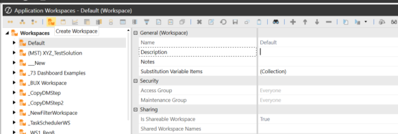 Create Workspace icon highlighted in toolbar and Workspace properties open displaying the Name field